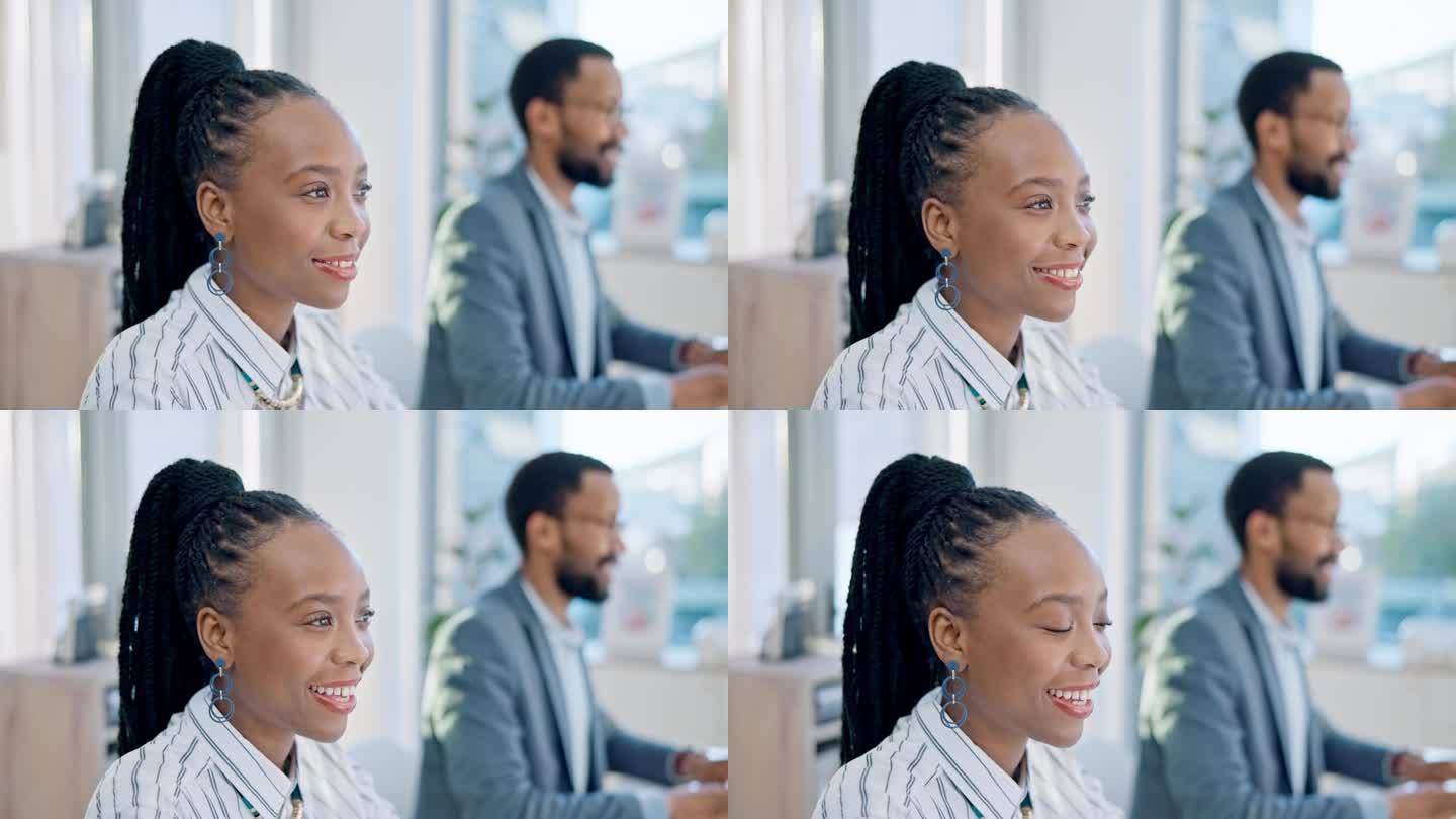 快乐的黑人女性，做生意，在办公室用电脑计划在线报告，电子邮件和互联网研究。非洲工人在台式电脑前更新共