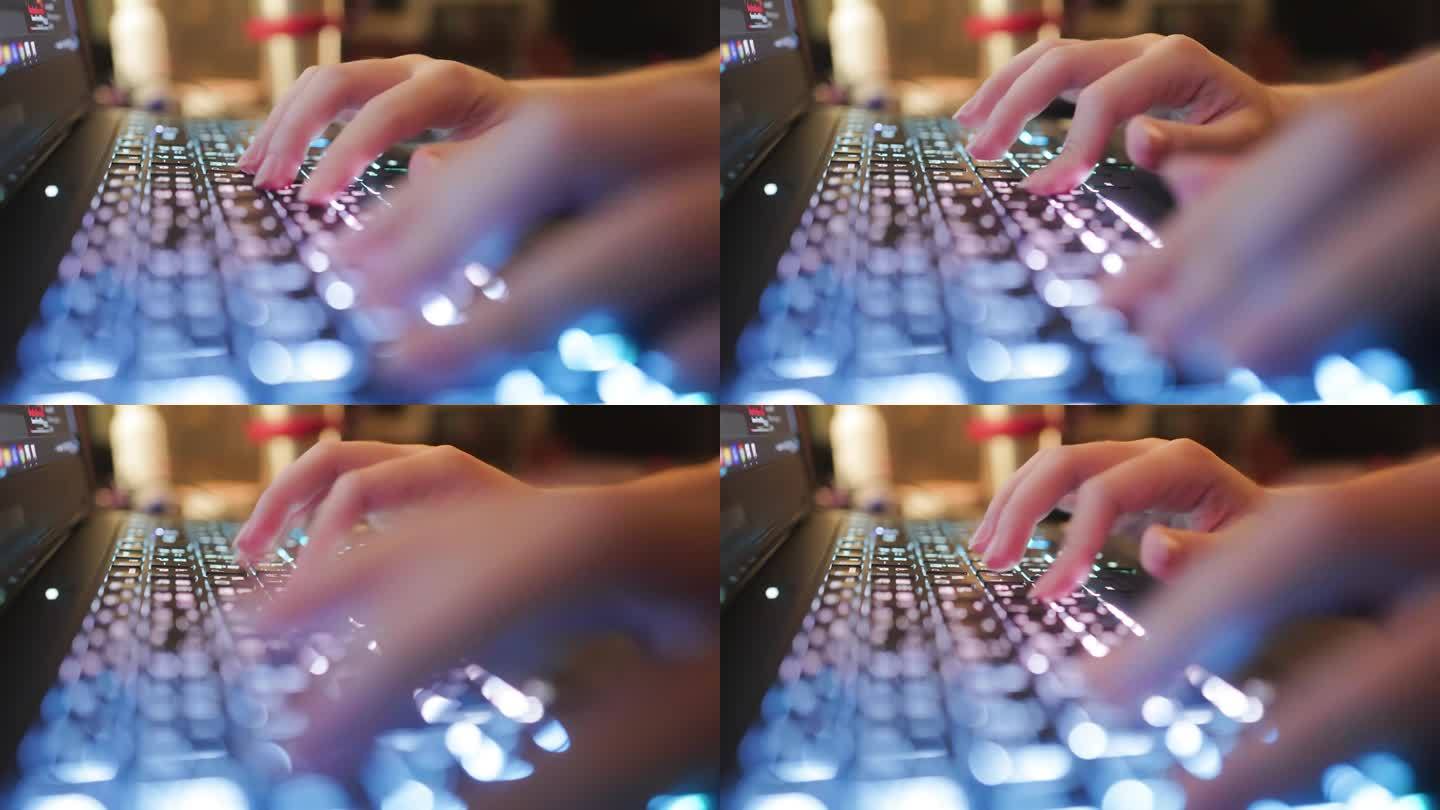 特写:一位女士在商务办公室的电脑键盘前工作，她用手在笔记本电脑上打字，用于在线交流和互联网服务