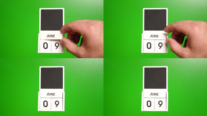 6月9日的日历，绿色背景。说明某一特定日期的事件。