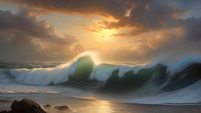 唯美夕阳大海海洋海浪风浪大浪巨浪涨潮潮水