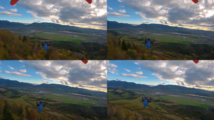 滑翔伞飞越秋天的森林，惊险刺激的滑翔伞