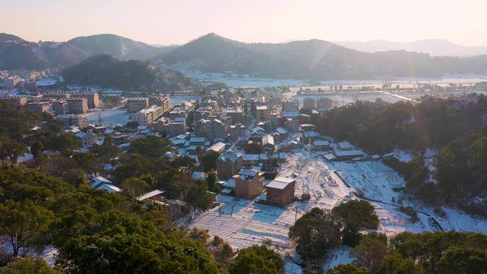 冬天南方小镇雪景 乡村雪景航拍  台州