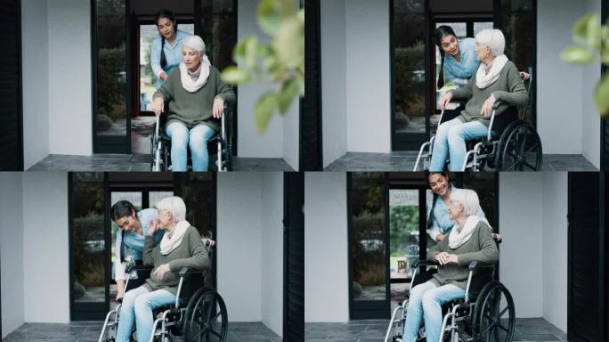 老年妇女，轮椅支持和护士帮助的善良和照顾者在养老院外。关怀、微笑与残疾人一起愉快地交谈和专业护理
