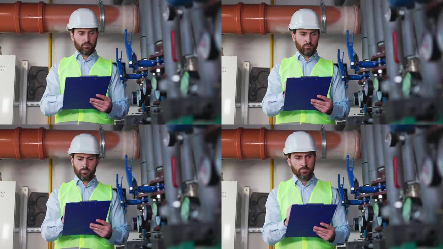 合格的商务经理在工厂检查设备。从事生产质量控制的专业人员。工业环境中制造人员检验的工厂控制员。