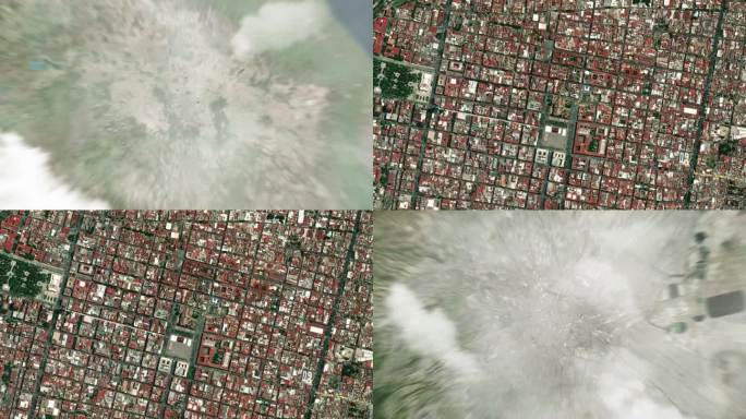 地球从太空放大到墨西哥城，墨西哥的大都会大教堂。接着是通过云层和大气层进入太空。卫星的视图。旅游介绍