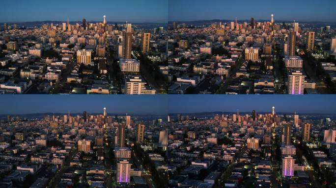 超延时无人机在美国旧金山的城市景观上拍摄的夕阳