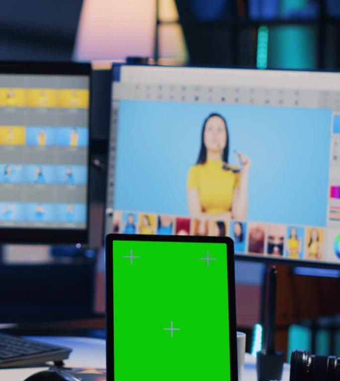 在独立制作公司工作的照片编辑器旁边的桌子上的垂直视频色度键平板电脑