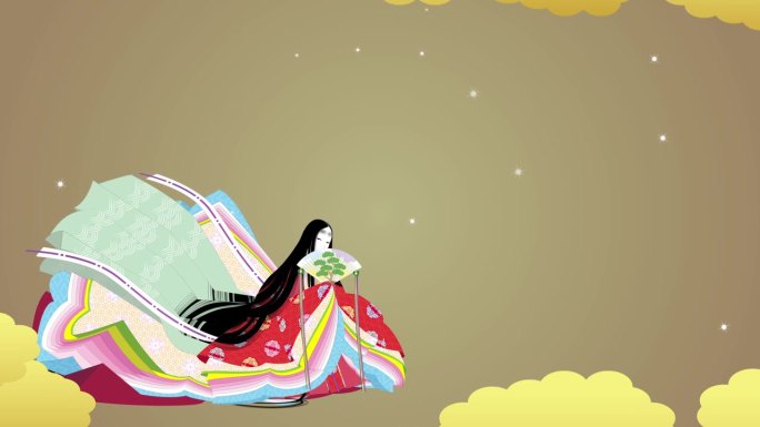 日本经典。民族服装。十二层和服。一位贵族妇女。金色的云背景。