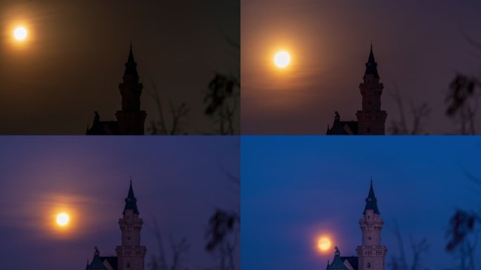 神秘城堡月亮落下狮子守护魔法世界延时摄影