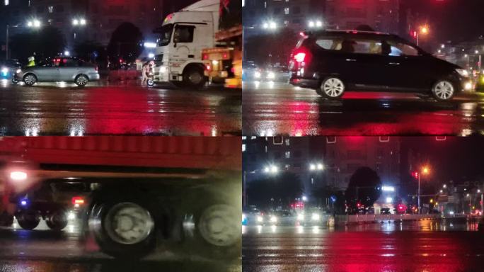 内涝洪灾 唯美下雨红绿灯卡车经过积水路段