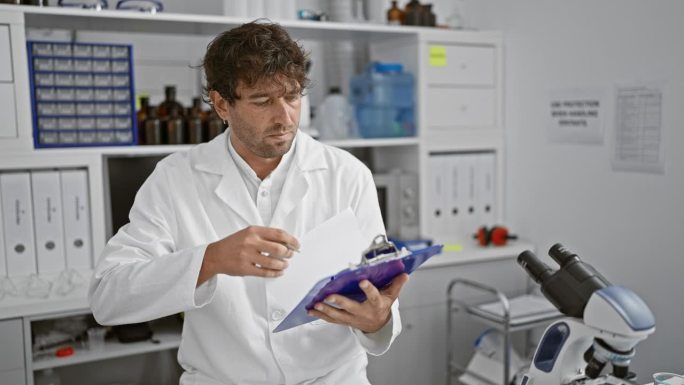 在设备齐全的实验室里，一名留着胡子、穿着实验室大褂的专注的男子正在审查文件，象征着医疗专业精神。