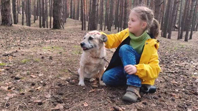 在公园或森林里微笑的孩子和她的宠物狗。