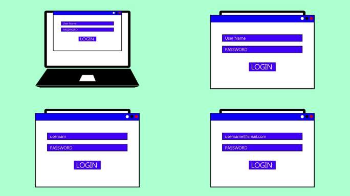 描绘用户名和密码字段的Web浏览器窗口，在淡绿色背景上有一个登录按钮动画。