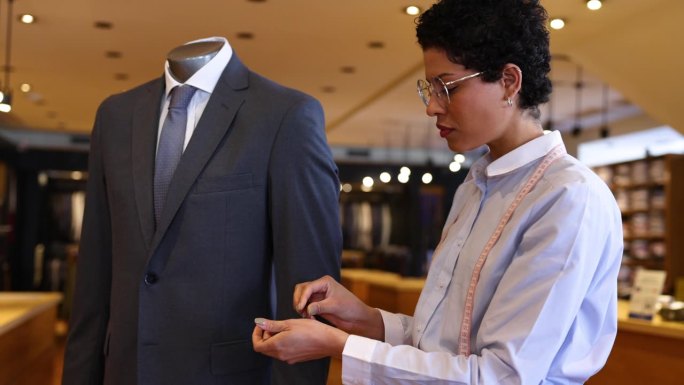在一家男装精品店，女裁缝正在给模特调整商务夹克