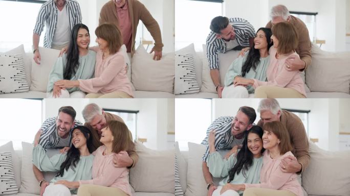 拥抱，长辈和女儿和儿子在沙发上建立联系，爱和亲情在家里。幸福的家庭，肖像和成年夫妇拜访成熟的妈妈和爸