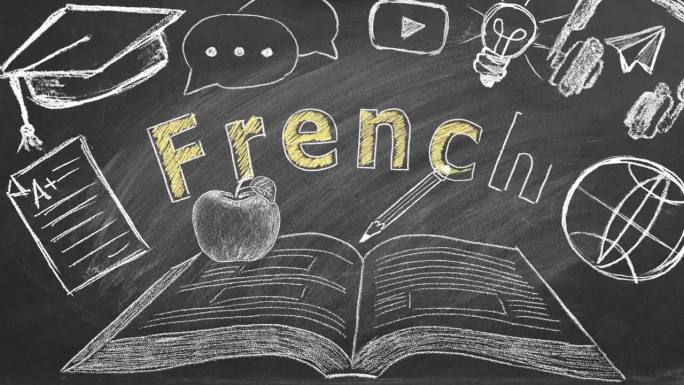 学习法语。黑板上的插图。