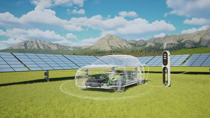 使用太阳能电池板的电动汽车充电站的汽车充电- 4K分辨率