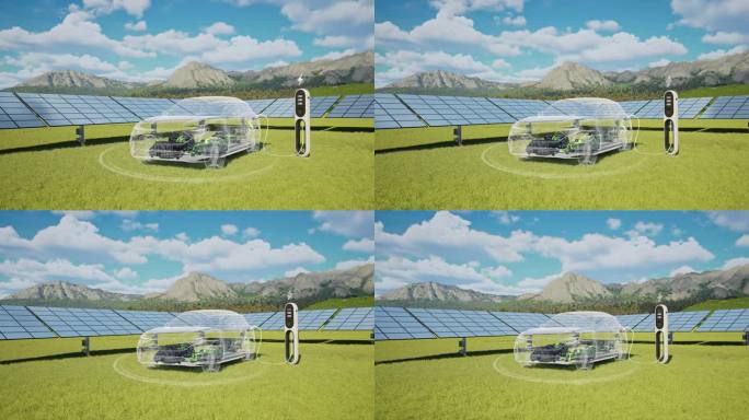 使用太阳能电池板的电动汽车充电站的汽车充电- 4K分辨率