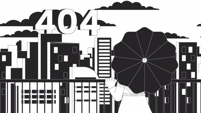 撑伞的女孩看着城市夕阳黑白错误404动画
