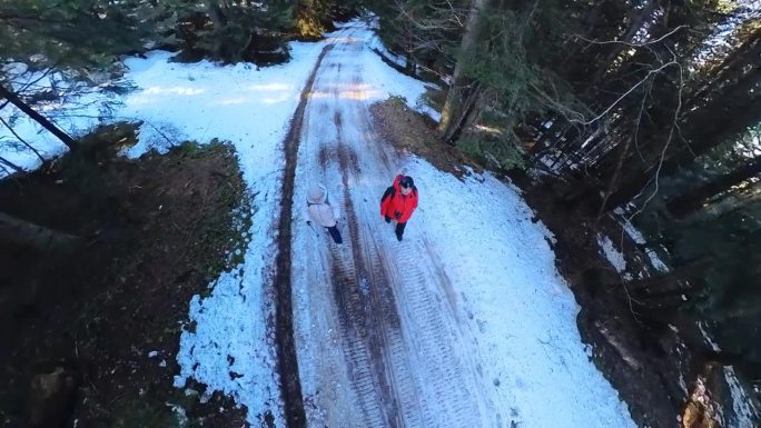 一对成年夫妇在冬天的雪山森林里散步。