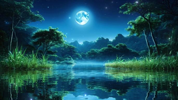 自然风景月亮水中倒影夜晚