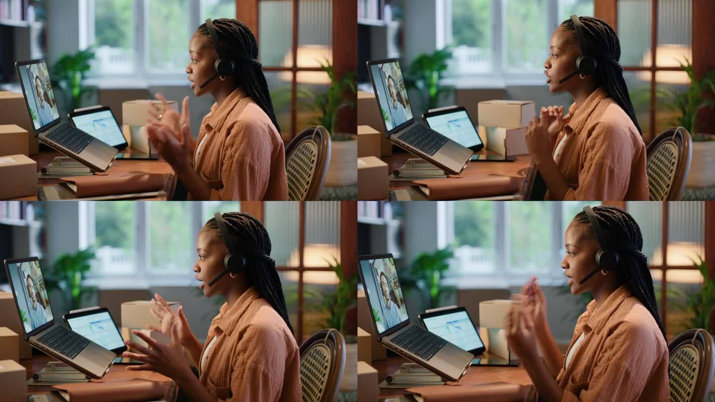 女人，视频通话和笔记本电脑屏幕或在线会议进行虚拟协作，招聘或工作面试。黑人，耳机和培训员工或网络为科