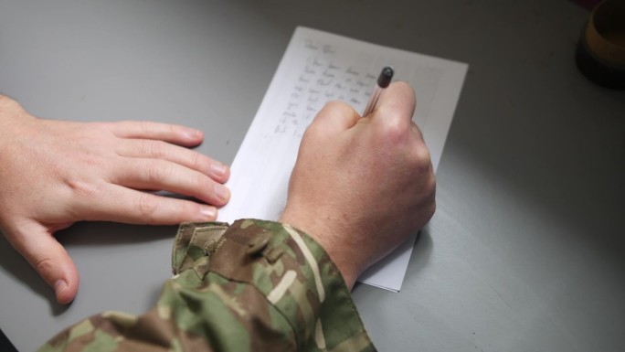 一名无法辨认的陆军陆战队员身穿迷彩服，用纸笔在桌子上给家里写信