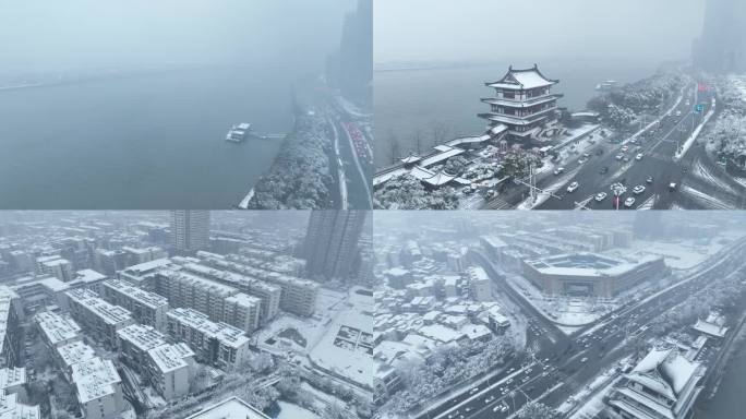 航拍长沙城市雪景杜甫江阁雪景