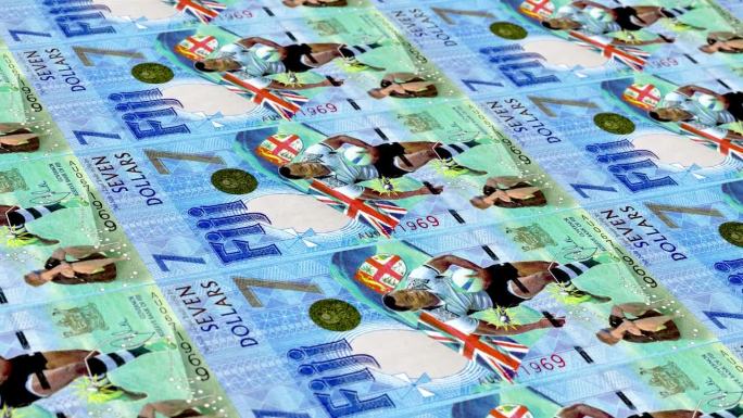 斐济7元钞票印钞厂，印刷7元钞票，印刷机印刷出斐济元，由货币印刷机印刷7元钞票观察和储备面-无缝循环