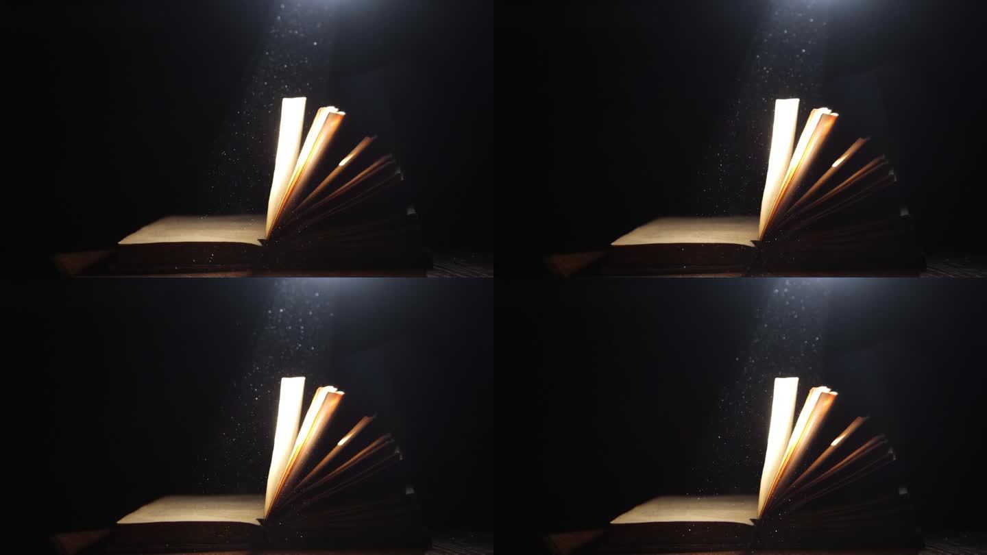 一道光线落在一本打开的旧书上