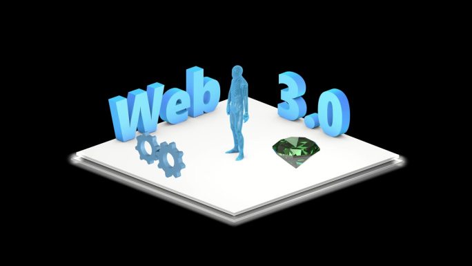 web3.0文字，霓虹效果。新技术的概念。动画齿轮，云和人。3 d动画。互联网的概念和新技术。