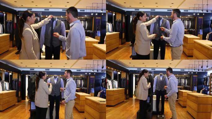 一位拉丁美洲女售货员在一家男士精品店向男顾客推荐西装领带