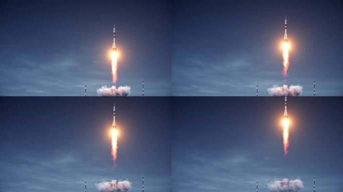 运载火箭和载人飞船从航天发射场起飞。3 d动画。4 k。
