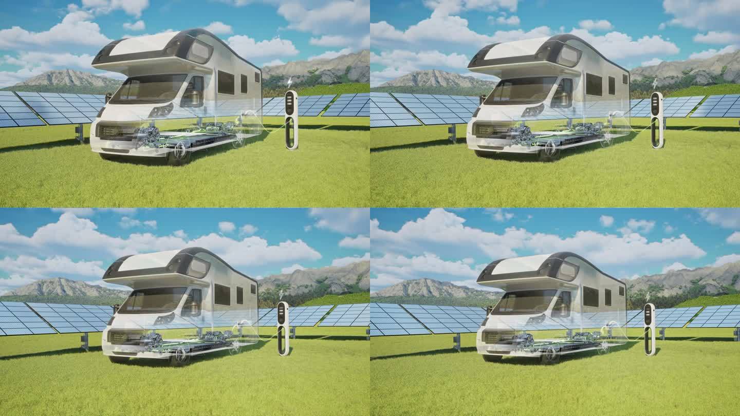 露营车充电的电动汽车充电站与太阳能电池板- 4K分辨率