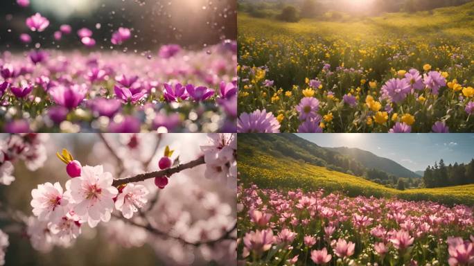 花海 春暖花开 鲜花盛开的山坡草地