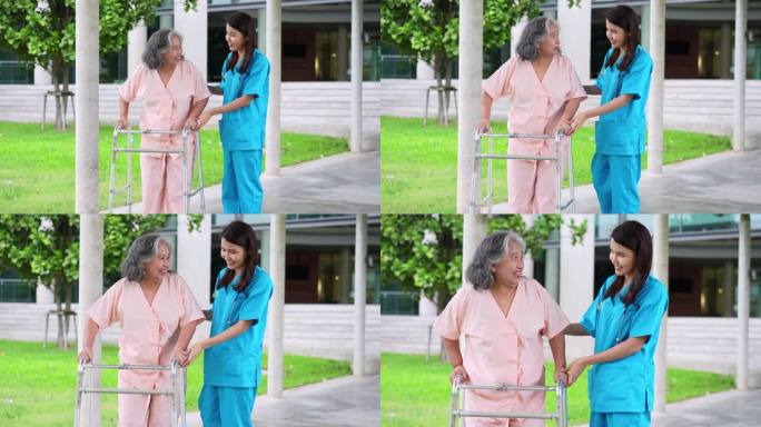 亚洲细心的照顾者或护士照顾坐在轮椅上的亚洲老人。幸福退休的概念，由照顾者照顾，储蓄和高级健康保险。老