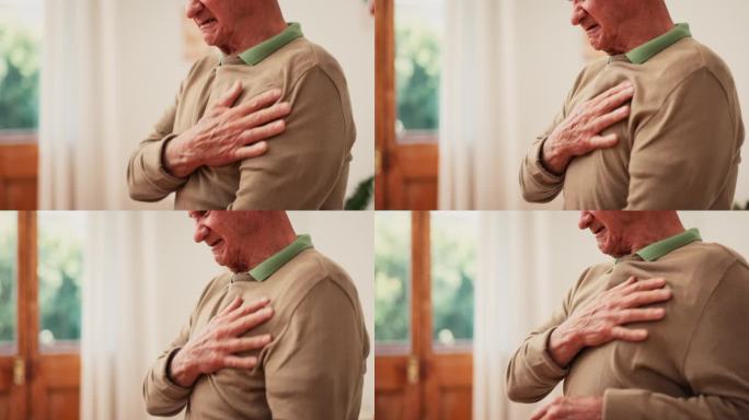 手、老年男性与心脏病发作伴痛、心血管保健及高血压的风险。特写，老年人和按摩胸部烧心，消化不良和医疗急