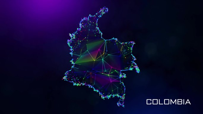 未来的甜蜜运动揭示哥伦比亚地图多边形蓝紫色彩色连接线点和面线框网络与朦胧的散景文字