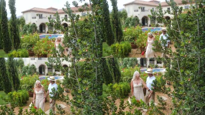 幸福、深情的老夫妇在别墅花园里聊天