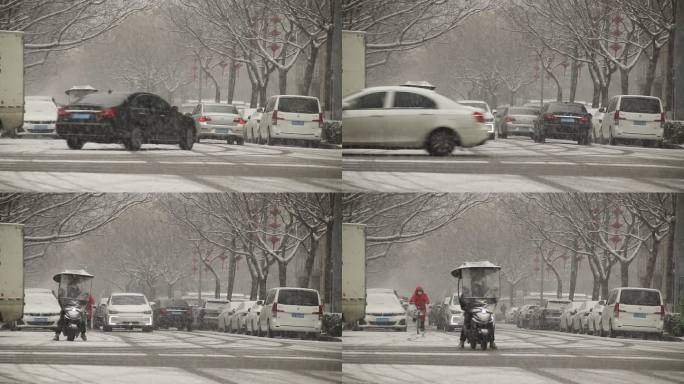 新年雪景：十字路口人车川流不息