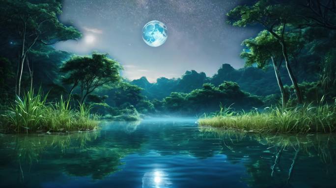 自然风景月亮水中倒影夜晚