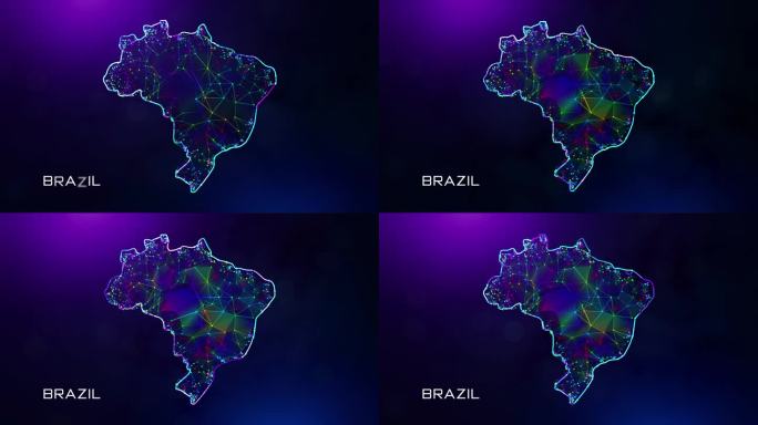 未来的甜蜜运动揭示巴西地图多边形蓝紫色彩色连接线点和三角形线框网络与朦胧的散景文字