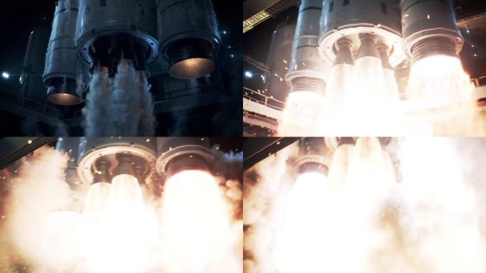 太空探索火箭在夜间发射。火箭发动机点火的特写镜头。初始脉冲后，喷口喷出强大而炽热的火焰。带助推器的大