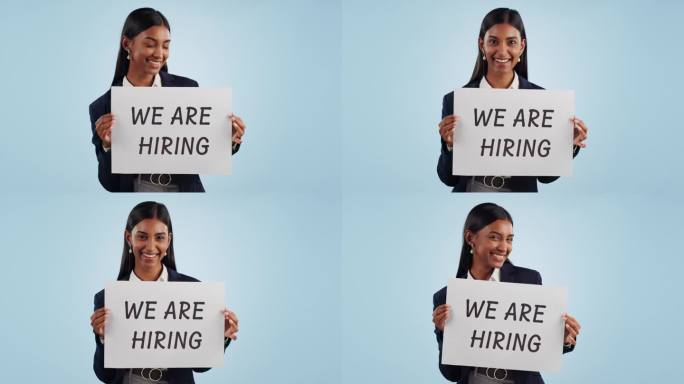商业女性，工作室和海报，我们正在招聘，招聘和机会的蓝色背景。人力资源，人力资源机构招聘，晋升或入职新