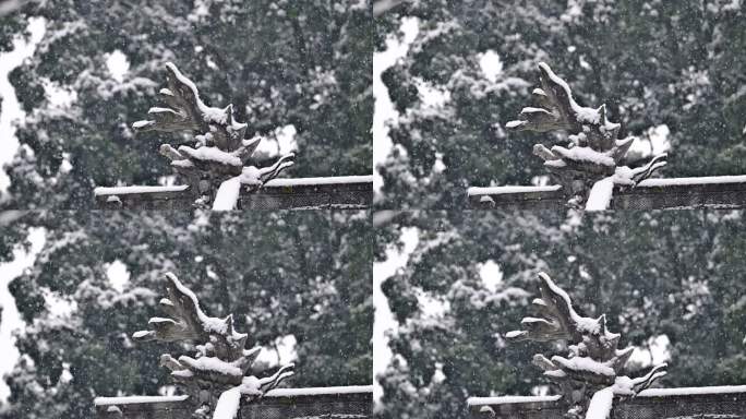 唯美雪景雪花飞舞白雪飘飘古建楼阁飘雪