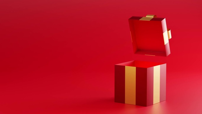红色礼盒与金丝带蝴蝶结与红色背景上的五彩纸屑打开，情人节，节日或庆祝活动，3D渲染。