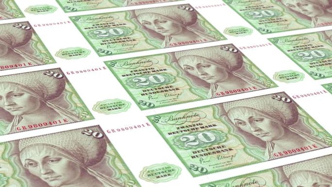 德国20德国马克钞票印钞厂，印20德国马克，印刷机印出德国马克，由货币印刷机印钞20德国马克钞票观察