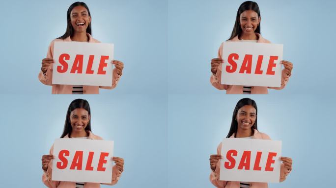 快乐的女人，广告牌和销售标志的折扣，价格或购物交易的工作室背景。女性微笑的肖像与海报或板在广告，特殊