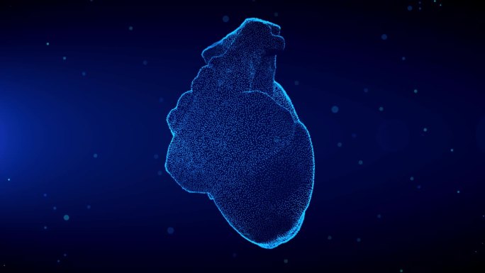 蓝色闪耀人类3d心脏全息图扫描效果与光耀斑闪烁粒子旋转运动视图