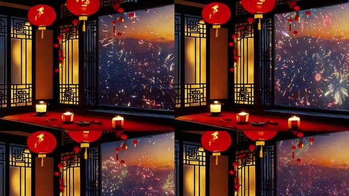 家窗外烟花 放烟花 新年春节灯笼喜庆夜景